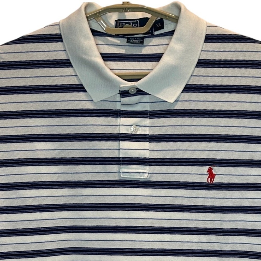 Polo Ralph Lauren Polo XL Mens White Blue Striped Pima Cotton Short Sleeve Pony
